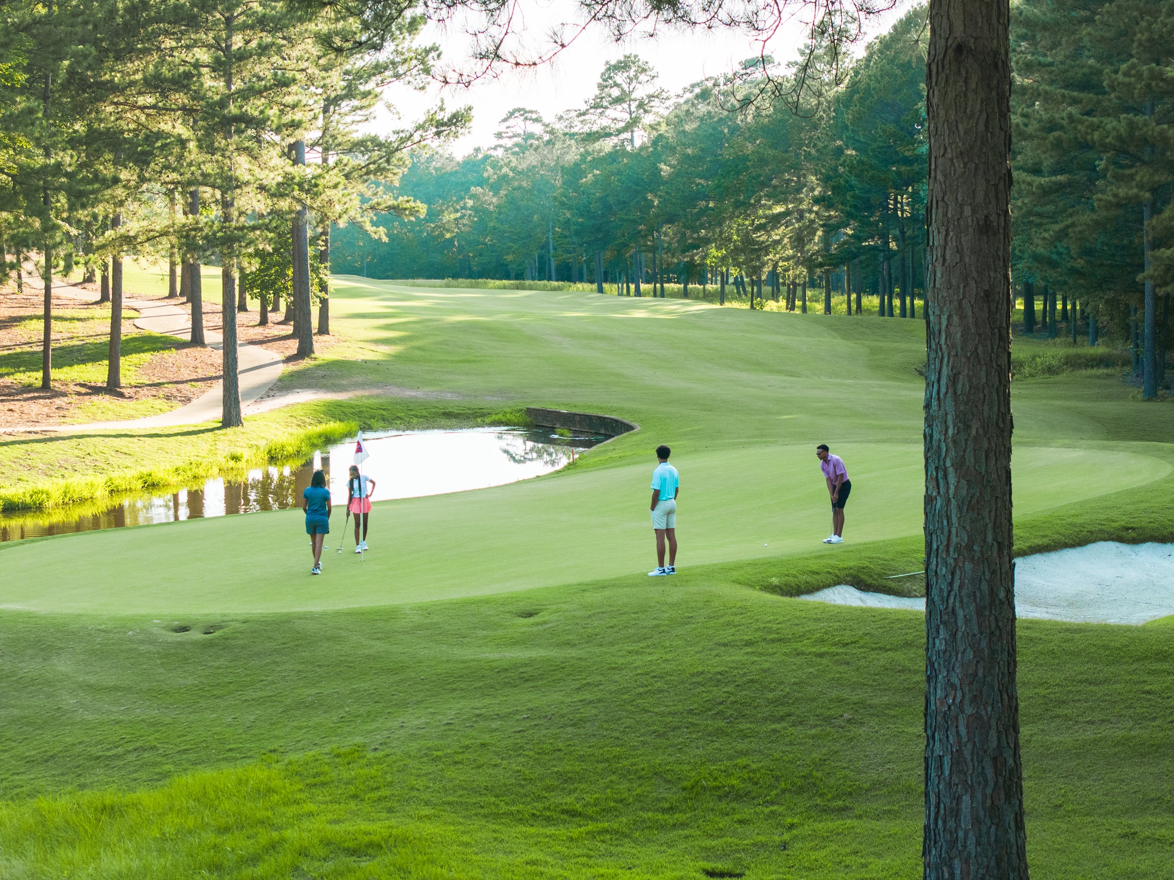 people golfing on a course