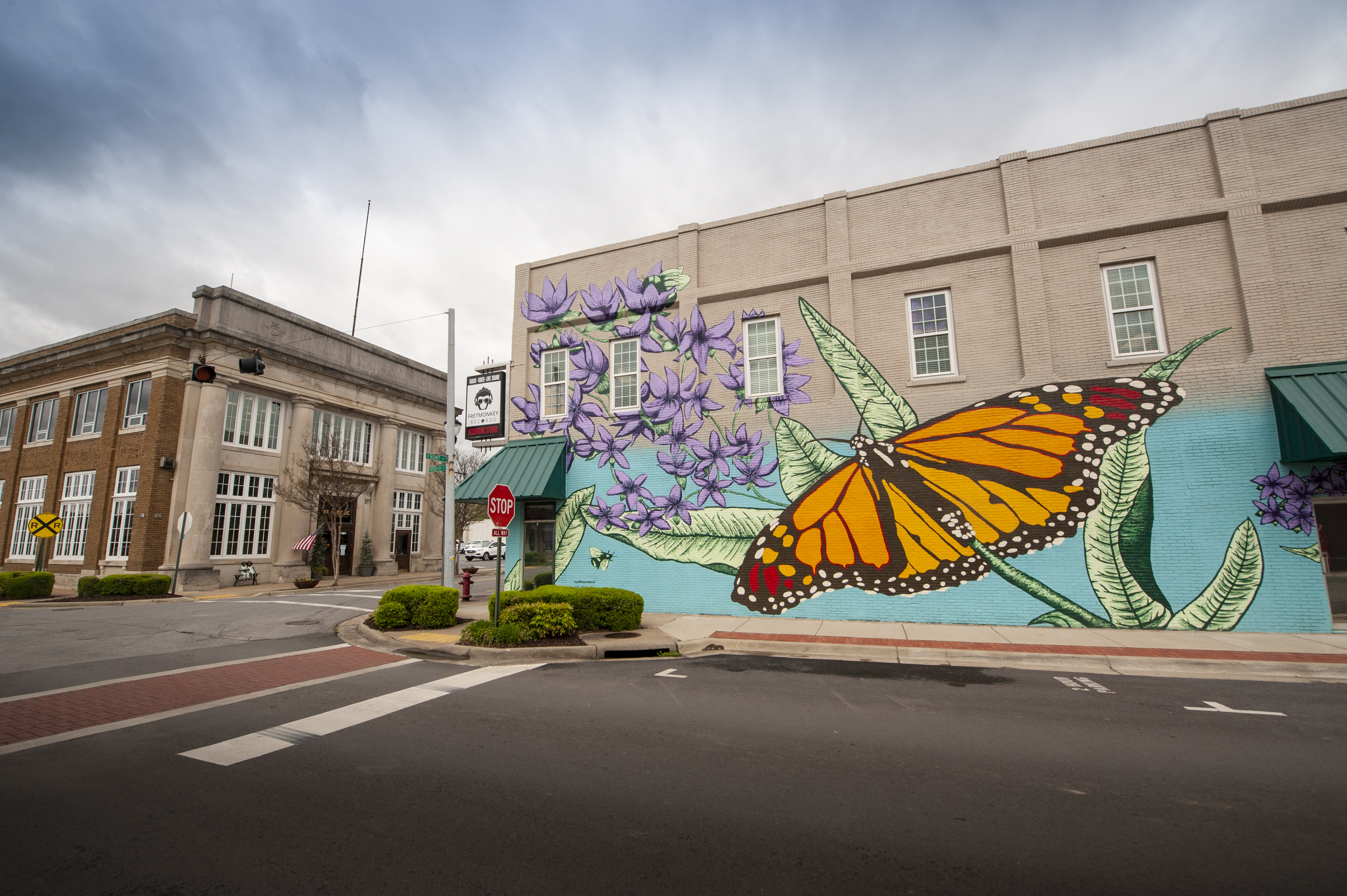 A wall mural of a giant butterfly and flowers in Conway, AR