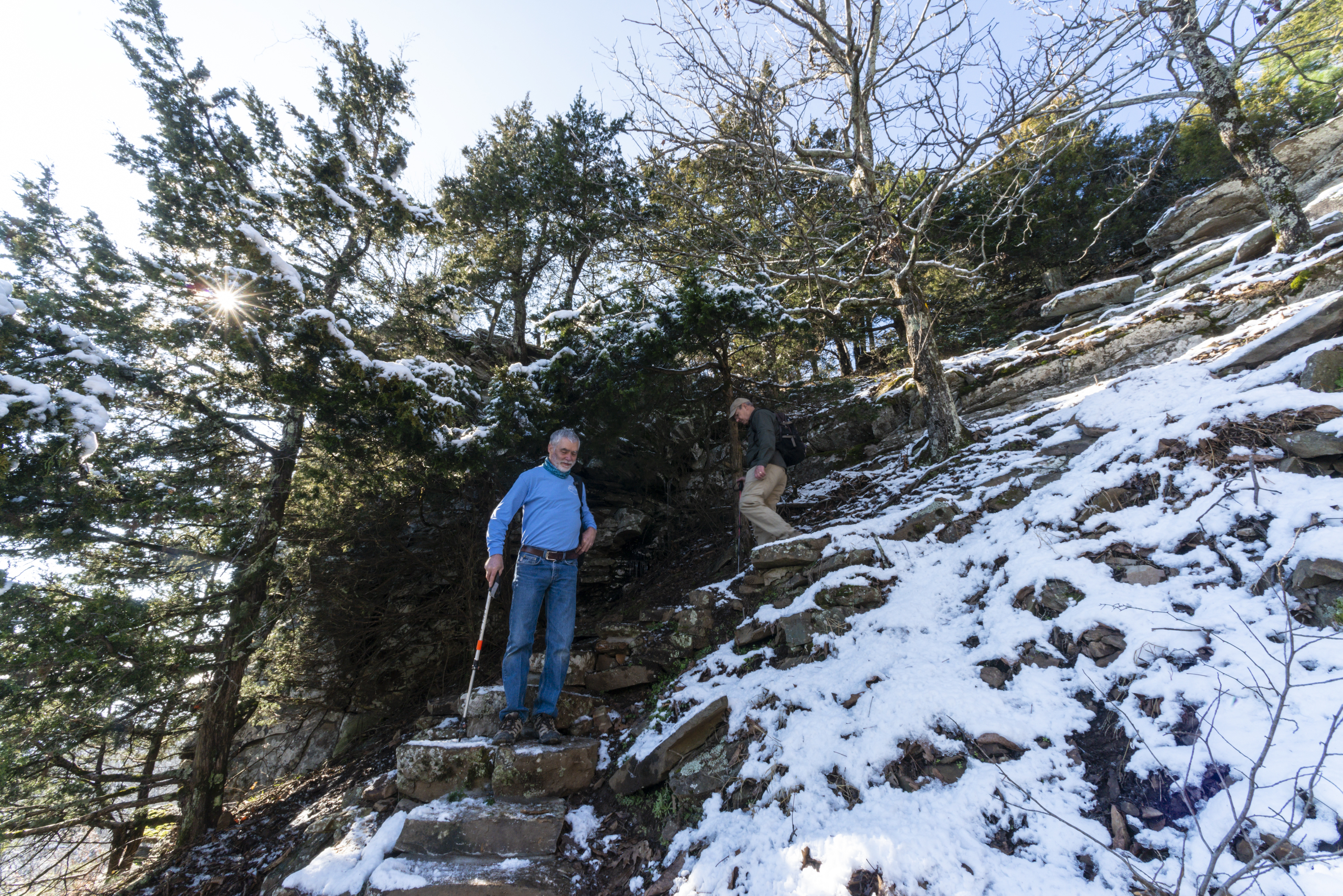 Winter hiking in the snow on the Rim Trail at Mount Nebo State Park