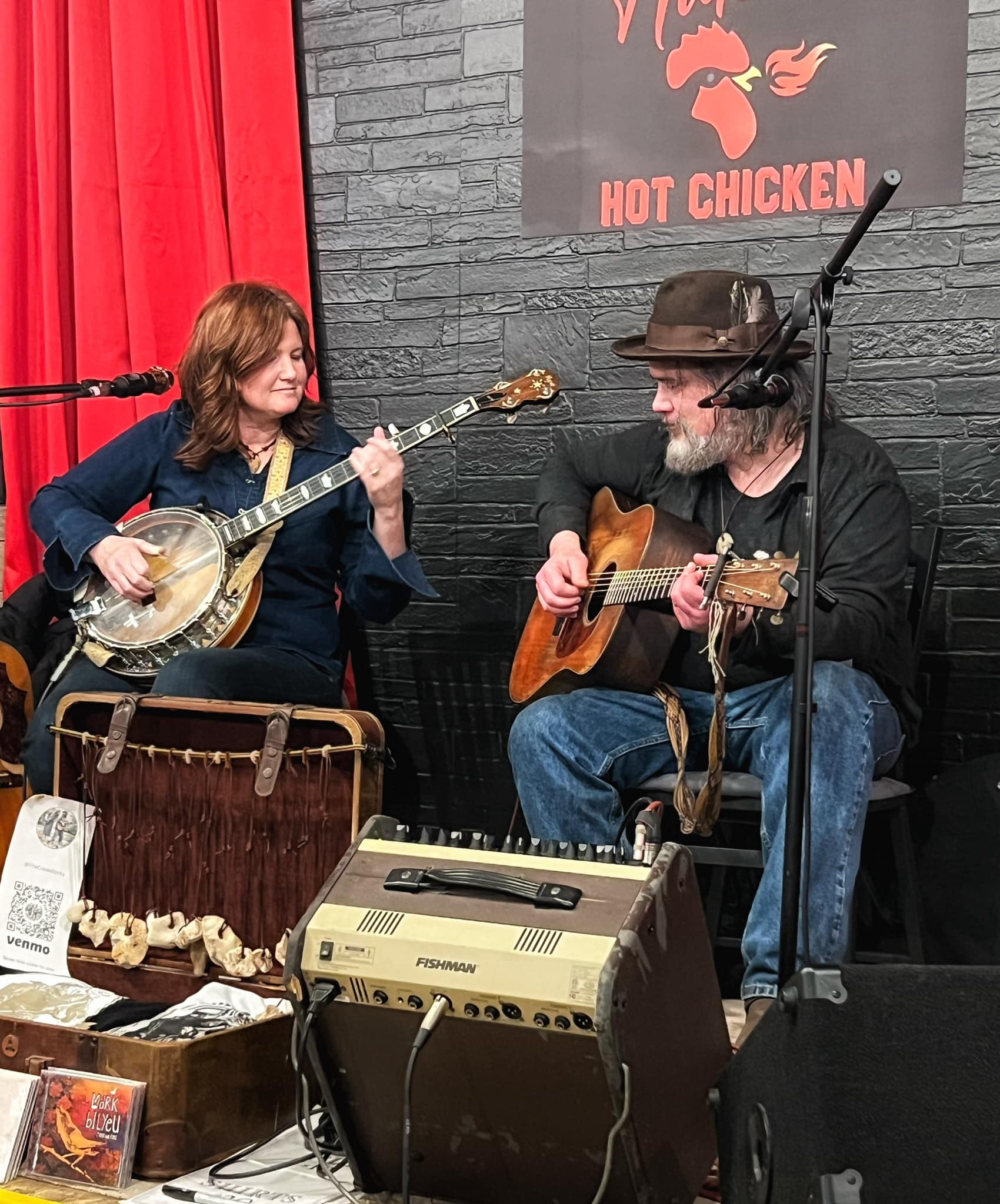 Music on the stage at Hutch's Hot Chicken in Harrison, AR