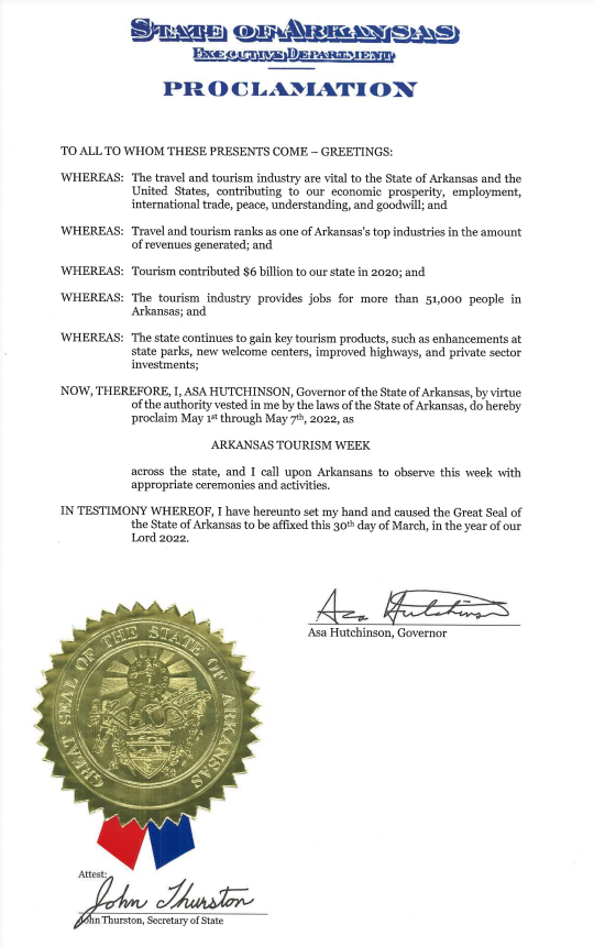 Official Proclamation of National Travel and Tourism Week in Arkansas for 2022.