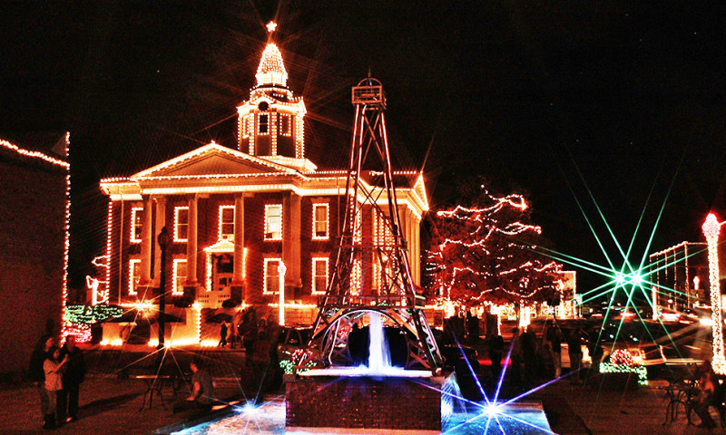 Holiday lights on the Paris, Arkansas historic downtown square.