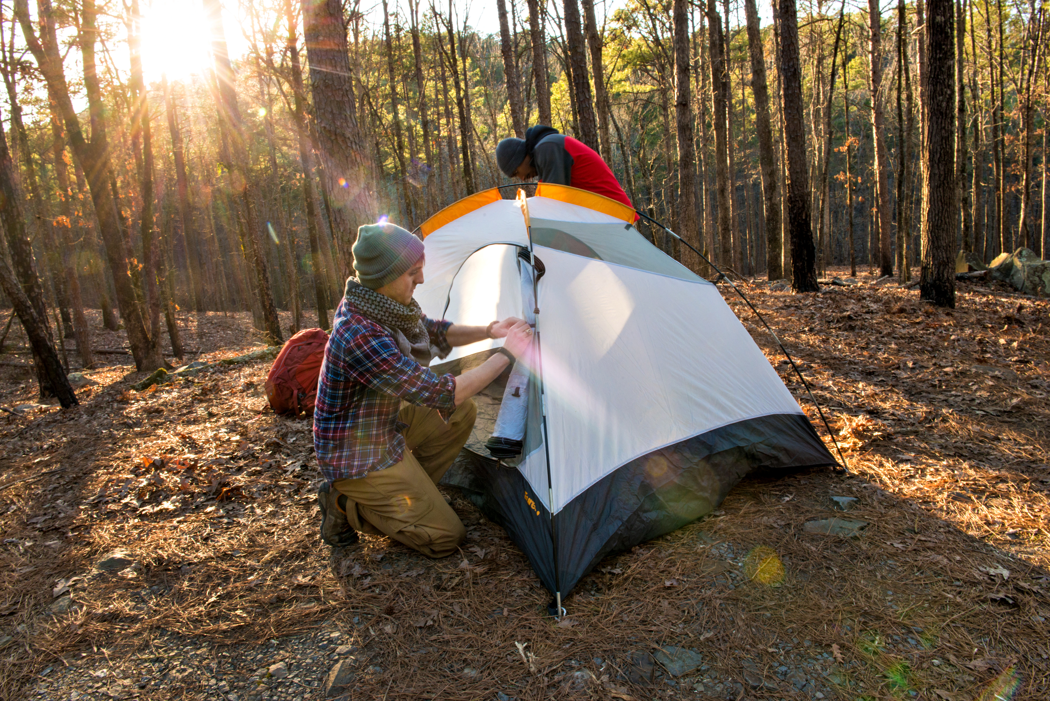 Setting up tents on the Ouachita Trail