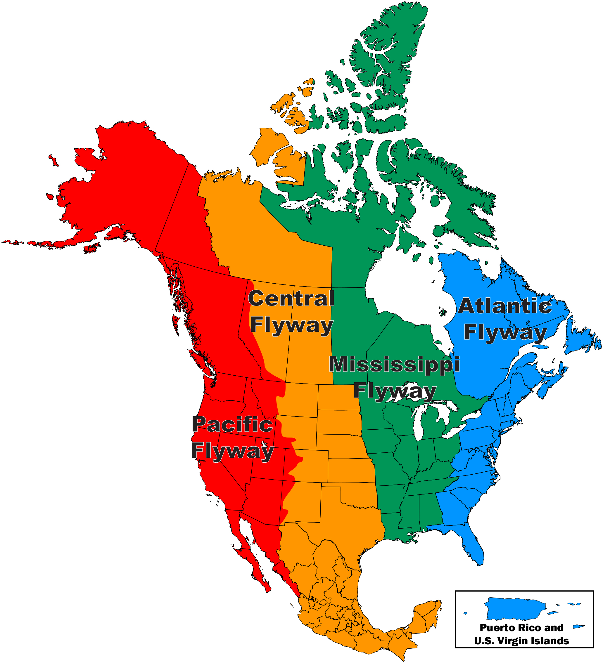 This map features the four flyways that cover portions of North America.