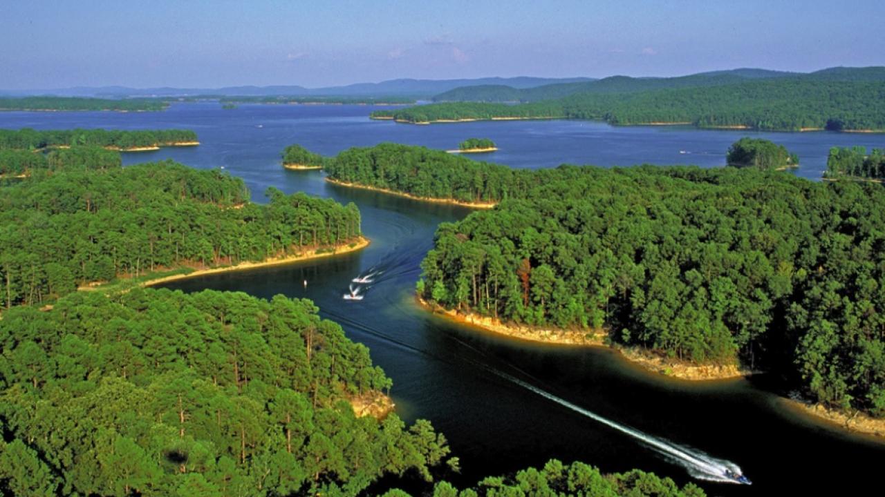 Aerial view of Lake Ouachita, the largest lake in Arkansas