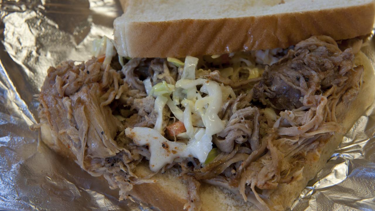 award-winning pork sandwich with slaw at Jones Bar-B-Q Diner in Marianna