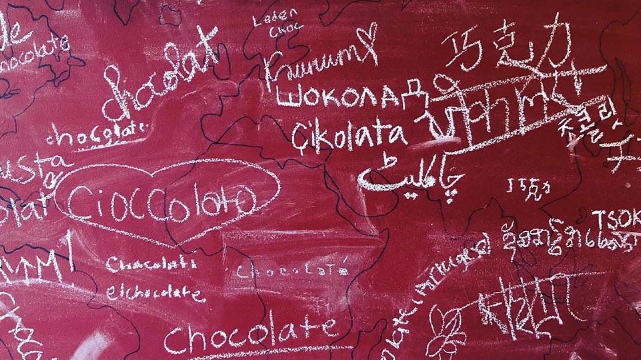 KYYA chalk board with chocolate written in many languages