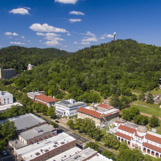 Aerial photograph of Bathhouse Row.
