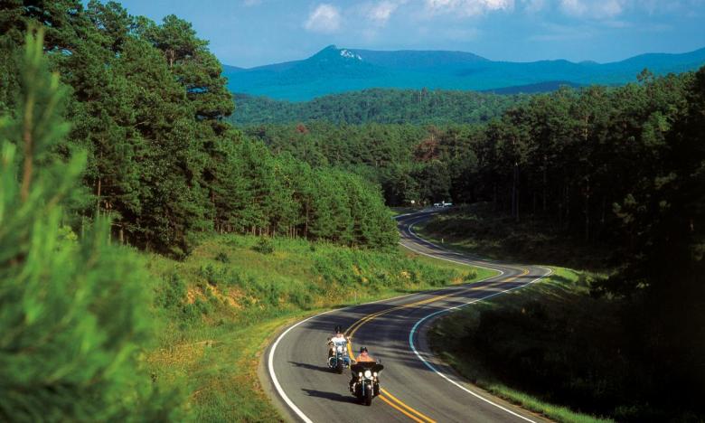 Motorcycling crew traveling up the Arkansas Scenic 7 Byway in Arkansas