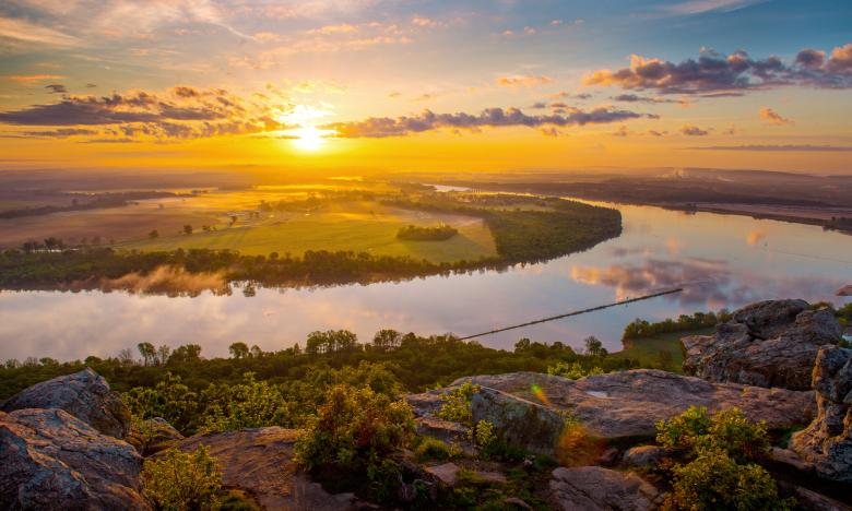 Stouts Point Overlook at sunset from Petit Jean Mountain
