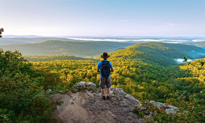 A hiker looking out over an incredible overlook from the top of White Rock Mountain