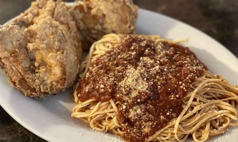 A heaping plate of spaghetti and fried chicken at Mama Z's in Tontitown 