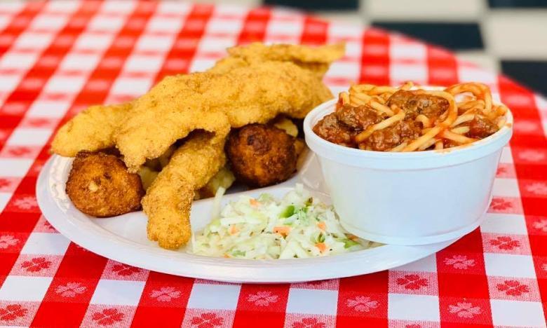 Fried fish and spaghetti at Tacker's Shake Shack