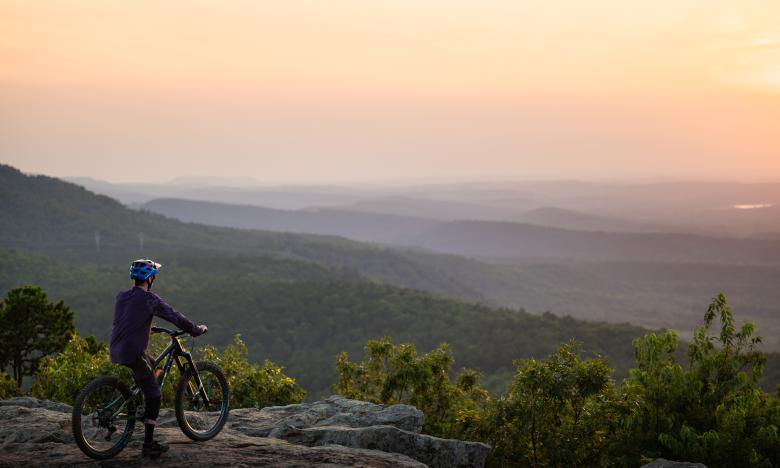 Person on a mountain bike overlooking the vista from atop a mountain in Arkansas