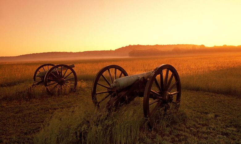 Cannons in a field at Pea Ridge National Military Park in Pea Ridge