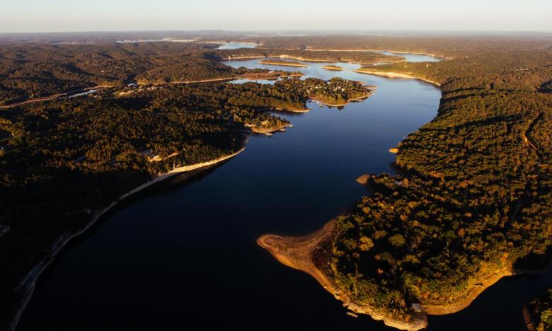 A lake and fall color seen from a plane