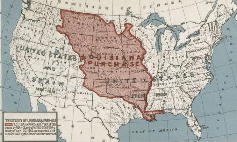 A map of the Louisiana Purchase of 1803.