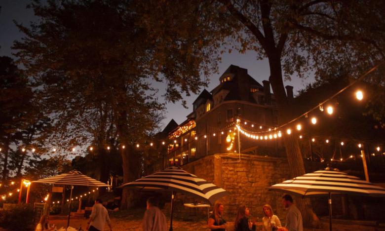 Exterior Shot of Lights Outside of Crescent Hotel in Eureka Springs