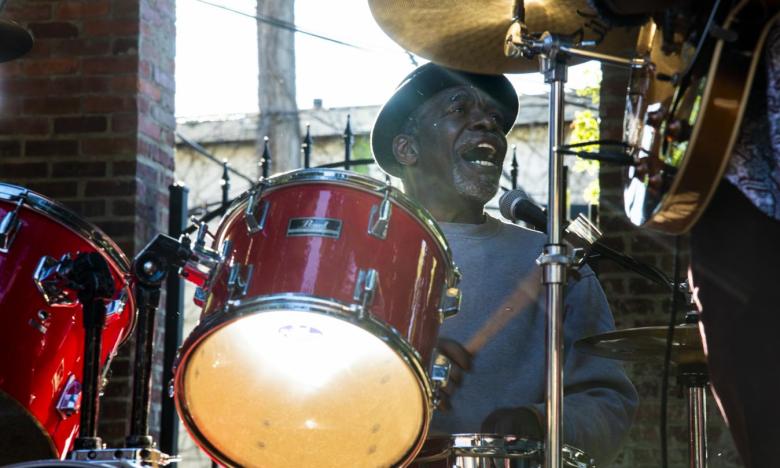 Drummer on stage at the King Biscuit Blues Festival