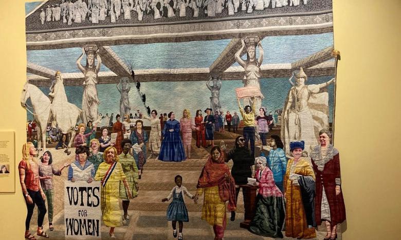 This quilt, called Women’s Work, is by Lea McComas and spotlights 57 women in it that have fought for equality including Susan B Anthony, Hillary Clinton, Harriet Tubman, Sally Ride and more.