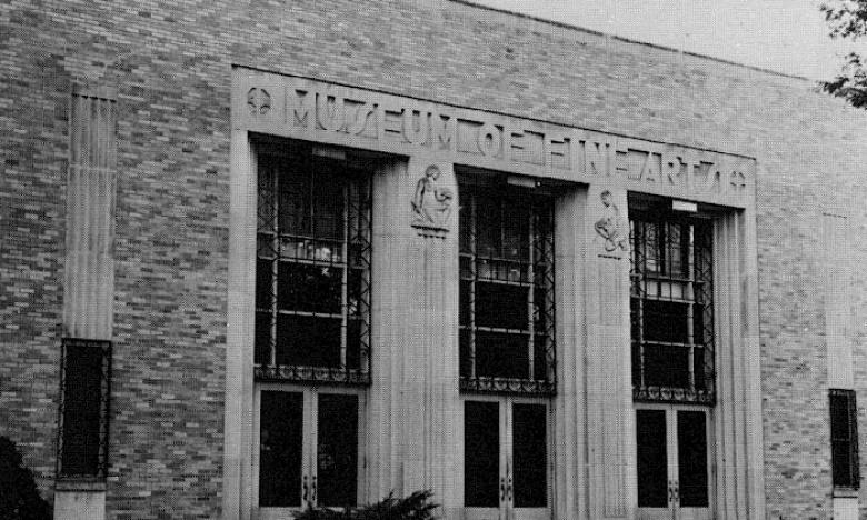 In 1937 the Museum of Fine Arts opened in Arkansas. This 1937 facade can be seen at the Arkansas Museum of Fine Arts and is a feature of the main north entrance to the building. Historic photo from Arkansas Museum of Fine Arts.
