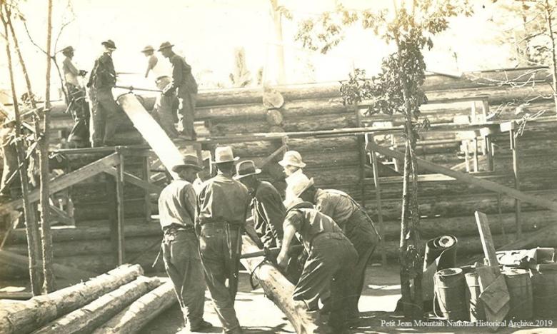 Civilian Conservation Corps men building the Mather Lodge dining room at Petit Jean State Park.