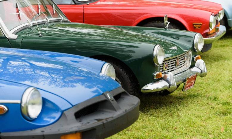 A row of classic British cars are parked on the grass. A blue Lotus Elan, green MG and red Triumph TR6 are featured prominently.