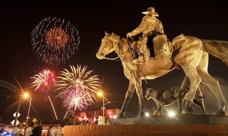 Statue with fireworks in background
