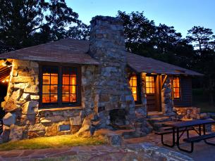 The exterior of a stone cabin at Mount Nebo State Park