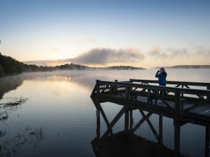 A woman looks out over Beaverfork Lake at dawn in Conway, AR