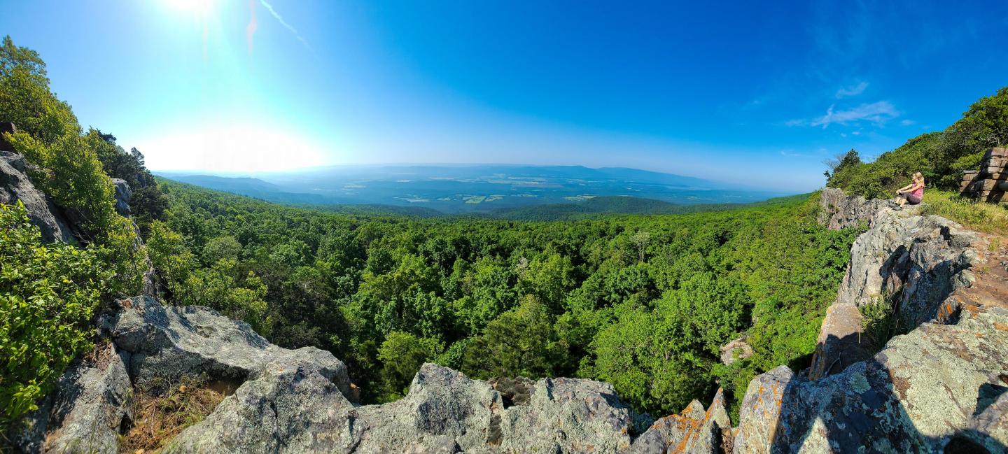 Expansive view of green forest under a vibrant blue sky from a rocky ledge.