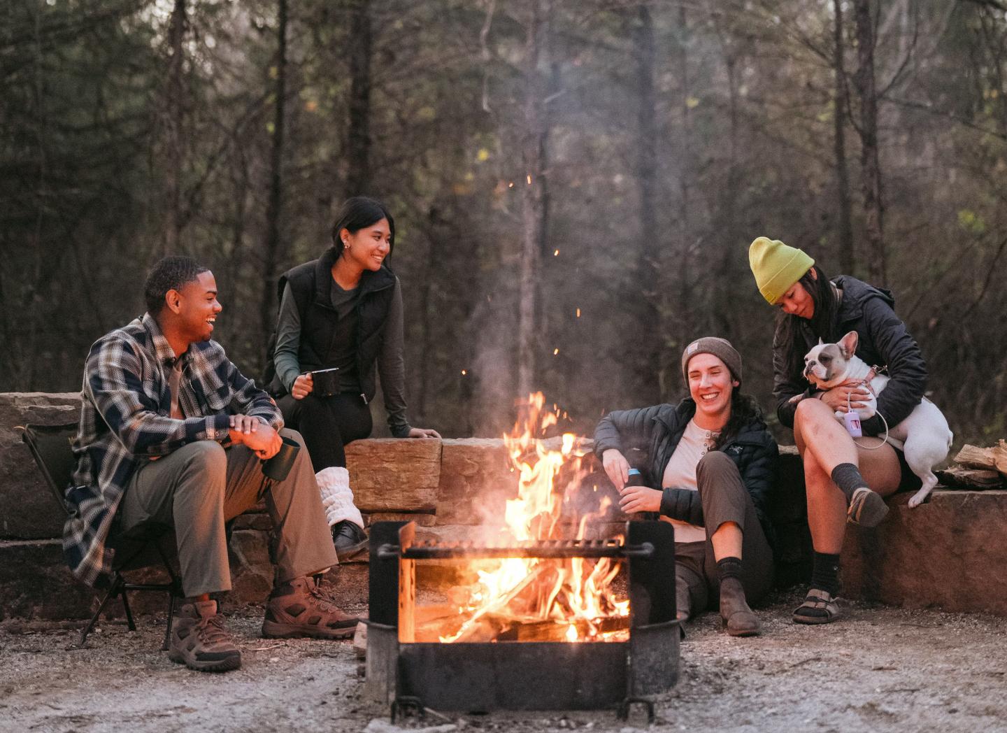 Campfire gathering in the woods with four people and a dog.