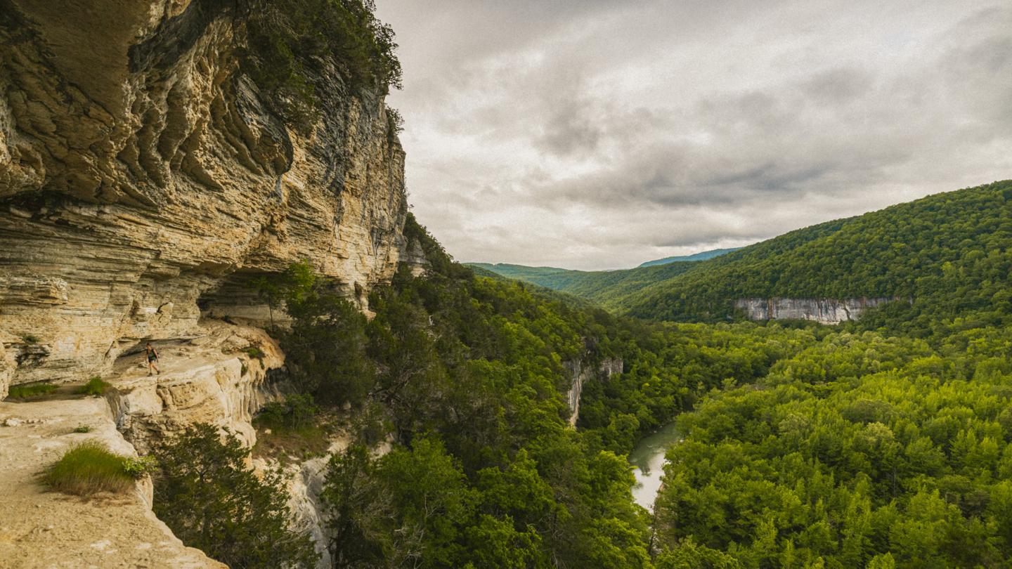 Cliffside view overlooking a lush green forest and river.
