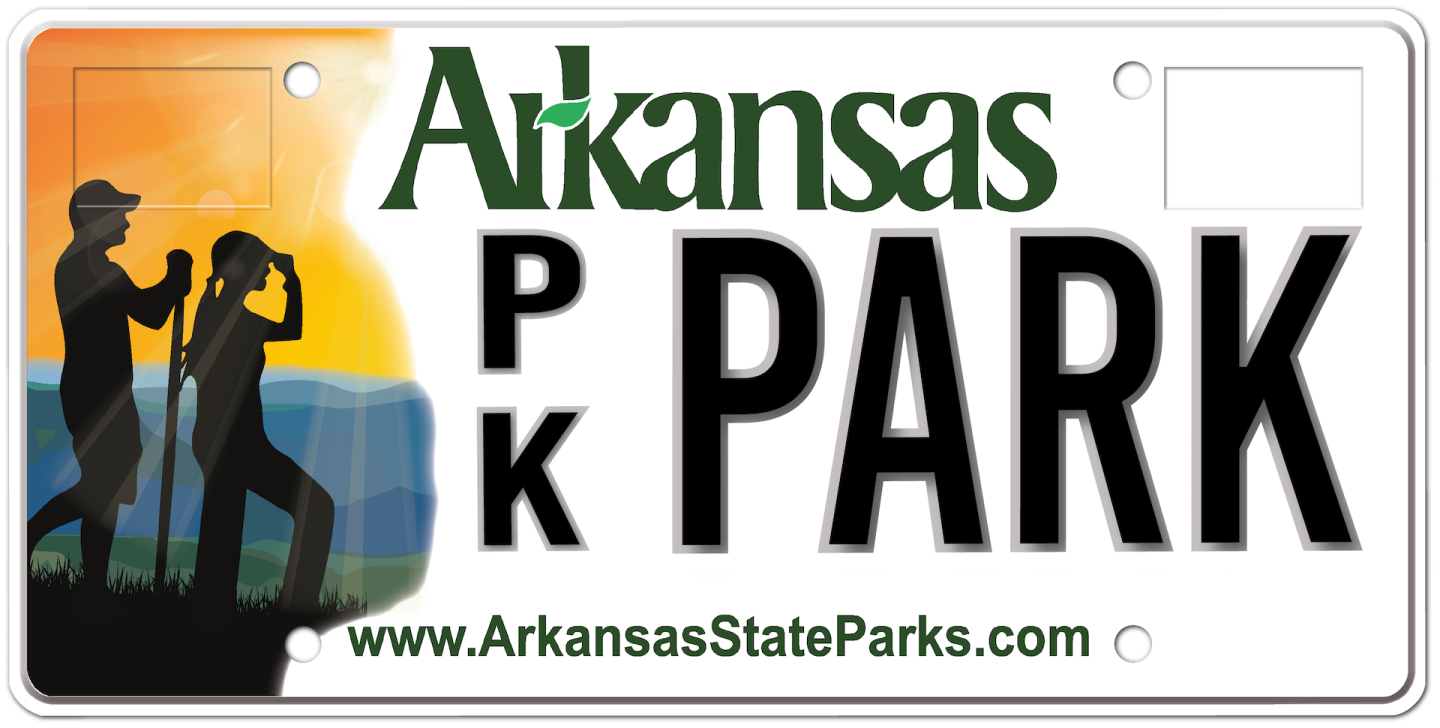 Arkansas State Parks license plate with hikers and sunset.