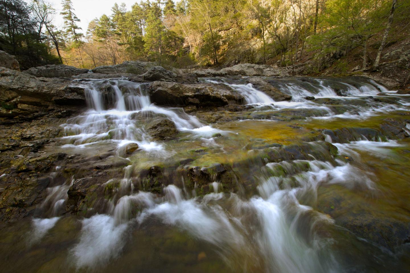 Cascading waterfall over rocky ledges with trees in the background.
