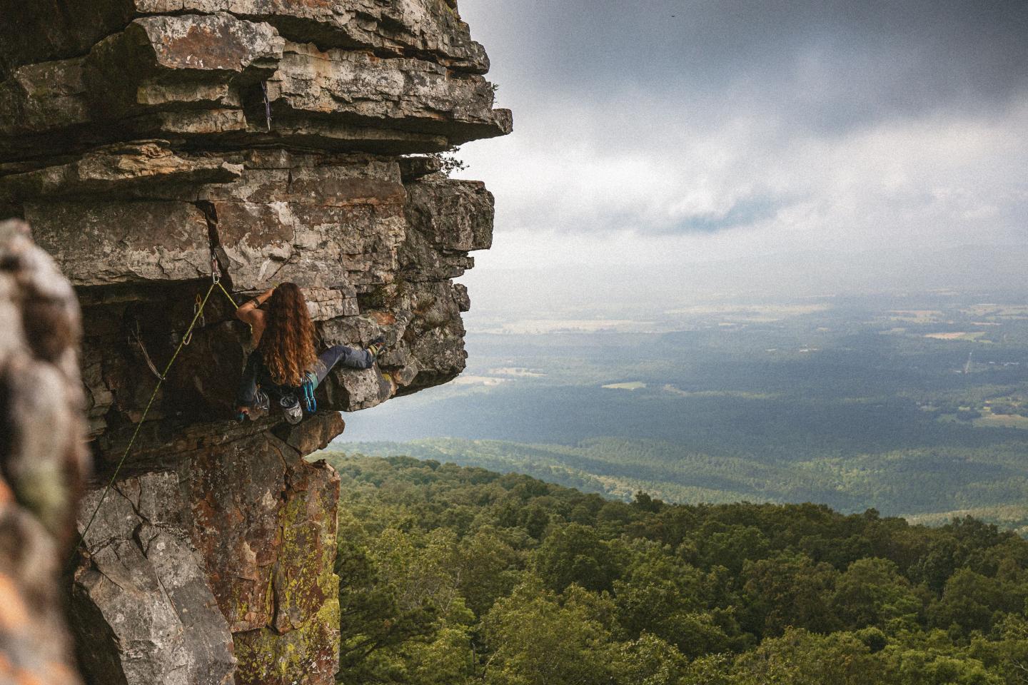 Rock climber scales a cliff with lush valley below and cloudy sky above.