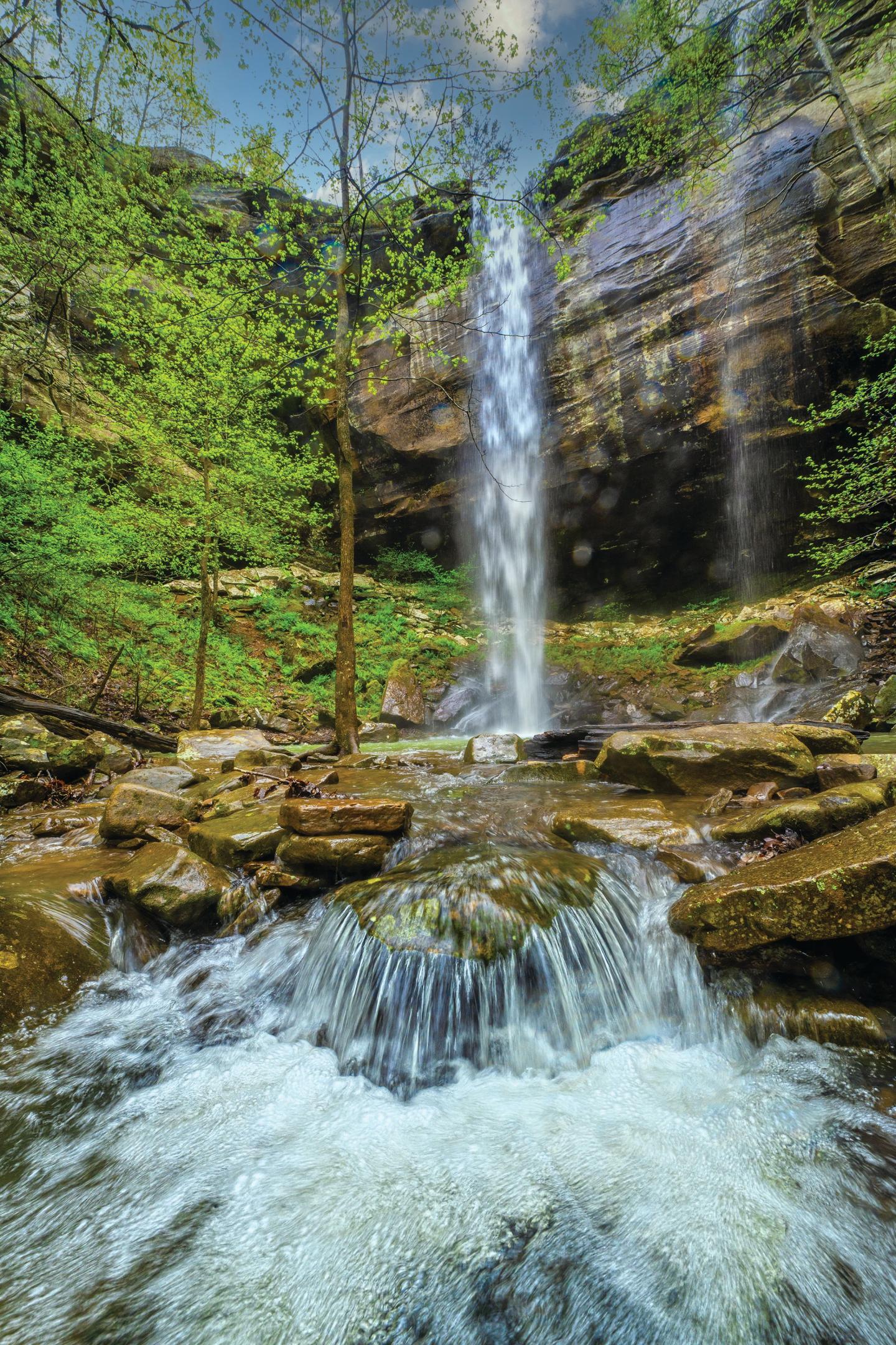 Waterfall flowing over rocks in a lush, green forest setting.