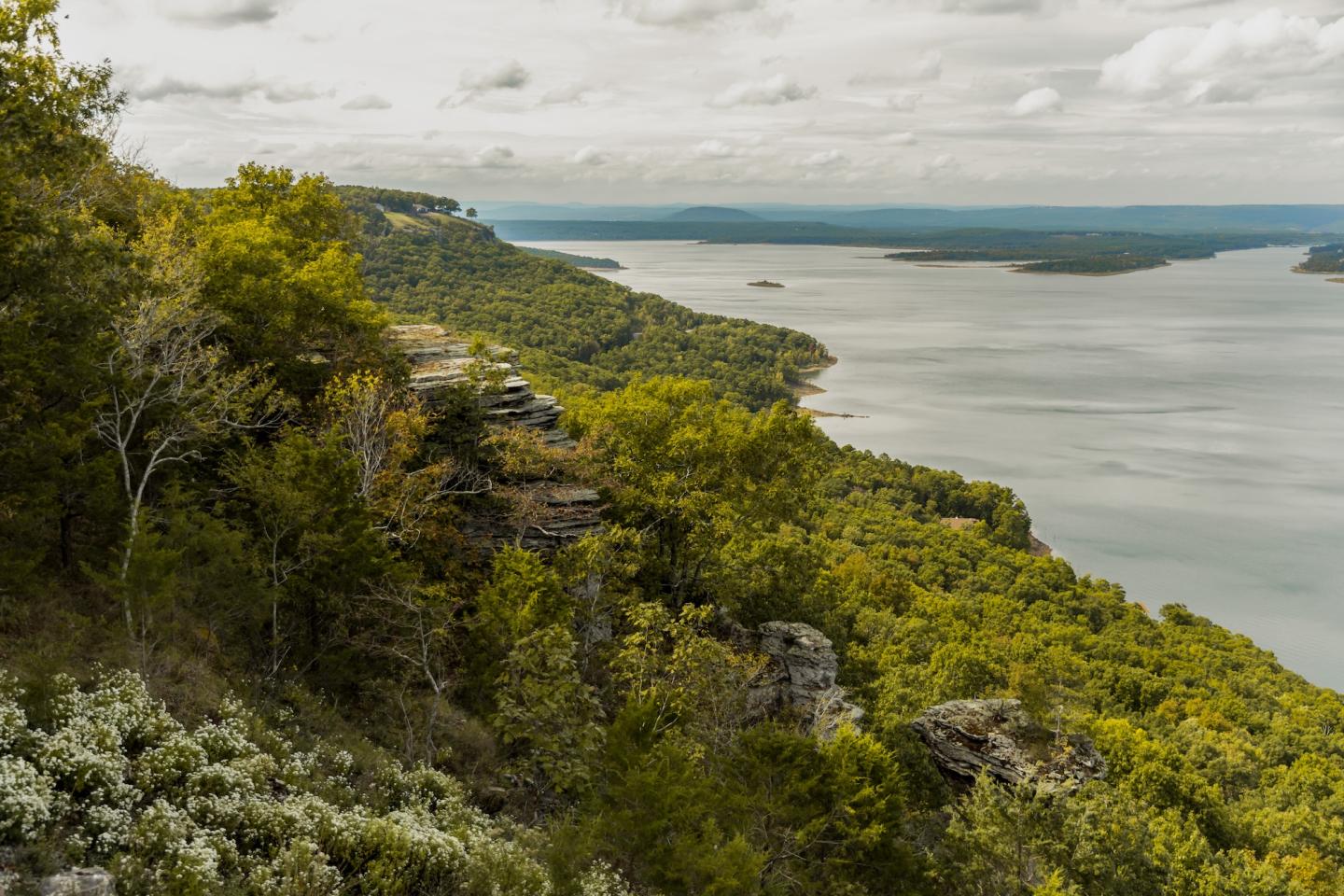 Lush green trees on a cliff overlooking a wide, calm river under a cloudy sky.