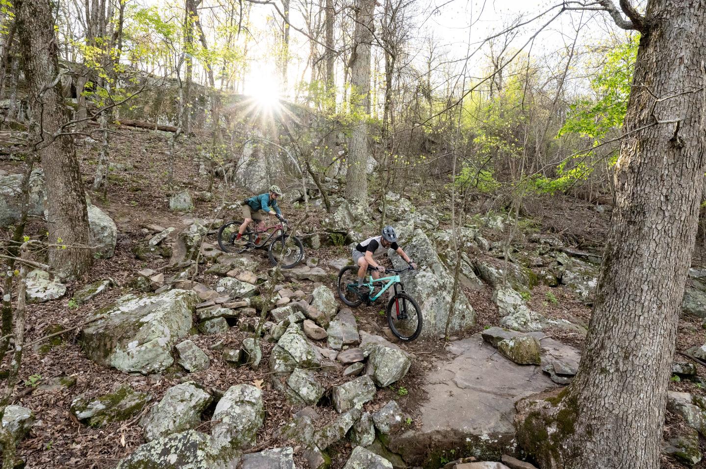 Mountain bikers navigate rocky forest trail at sunset.