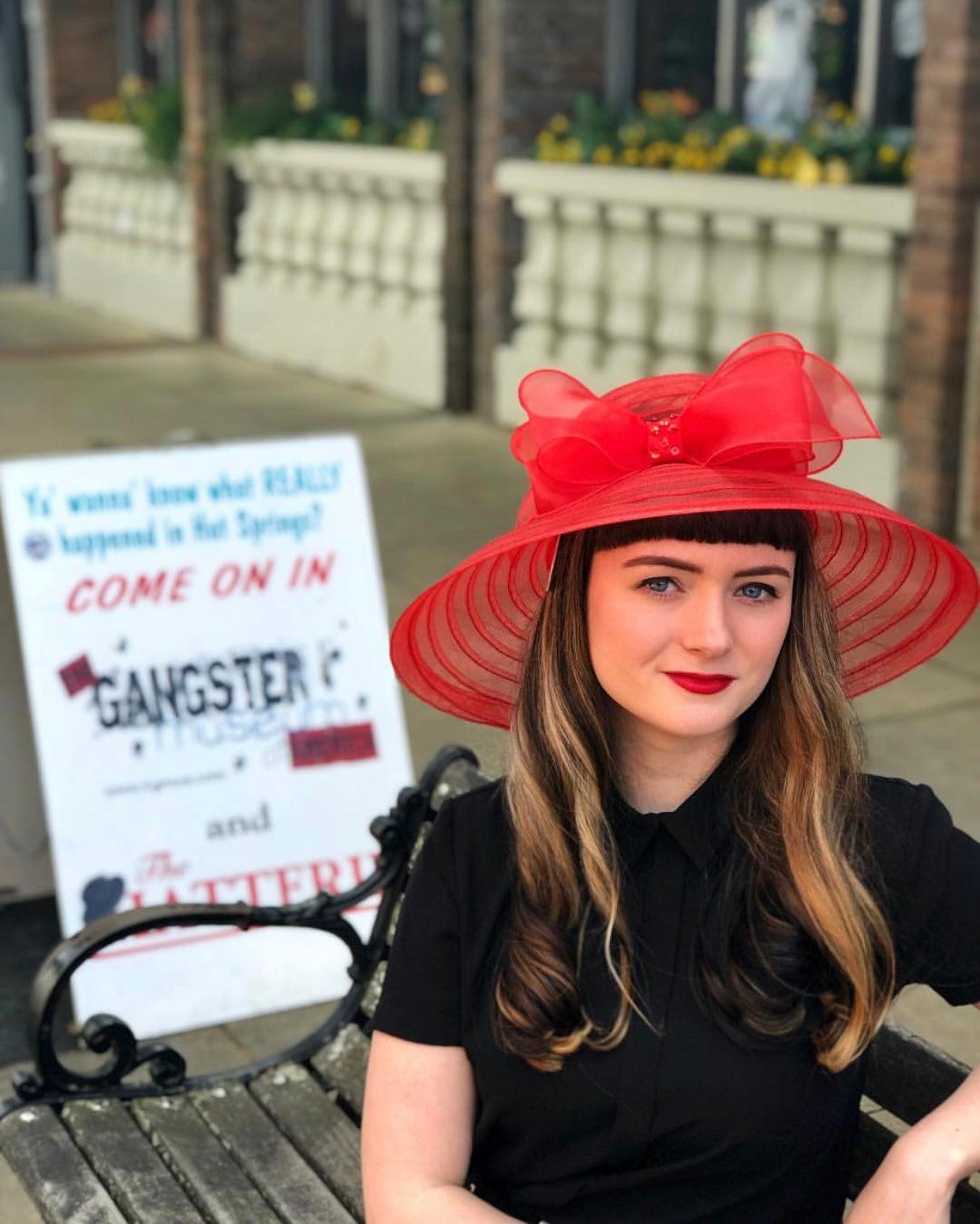 The lovely Ashley Hill models derby fashion from The Hatterie gift shop of TGMOA.