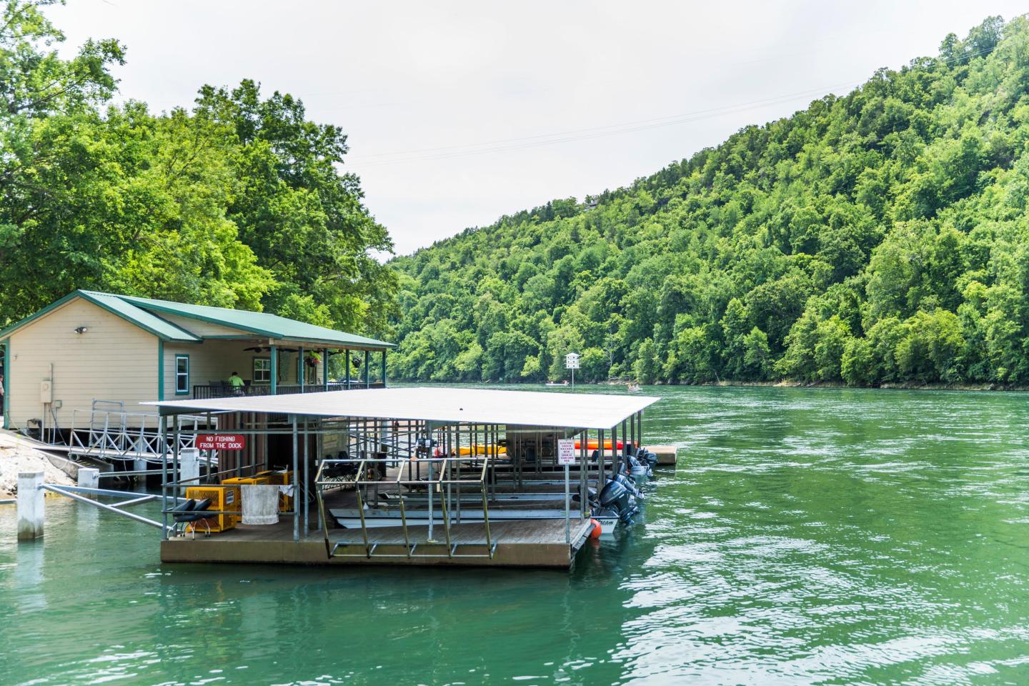 Boat dock on a green lake with a forested hill in the background.