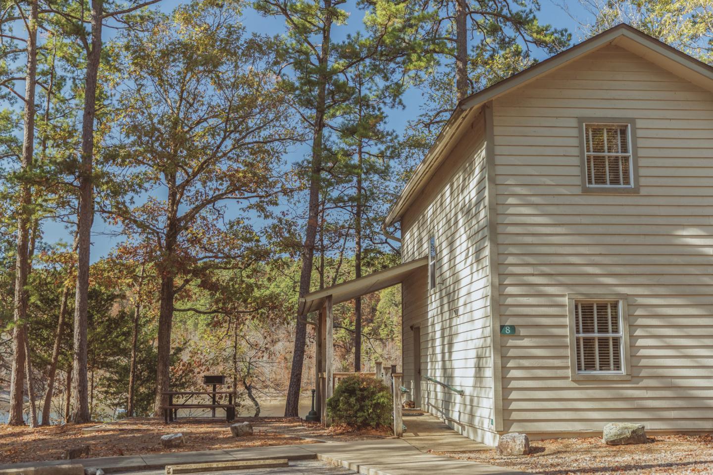 Cabin surrounded by tall trees under a clear blue sky.