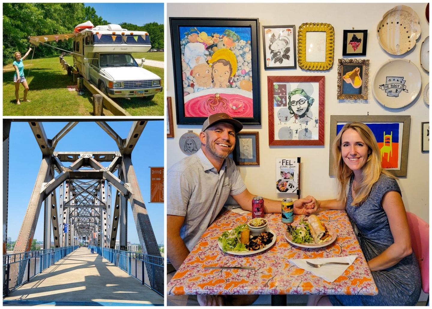 Two people dining in a colorful, art-filled room; a bridge; a roadside ice cream stand.