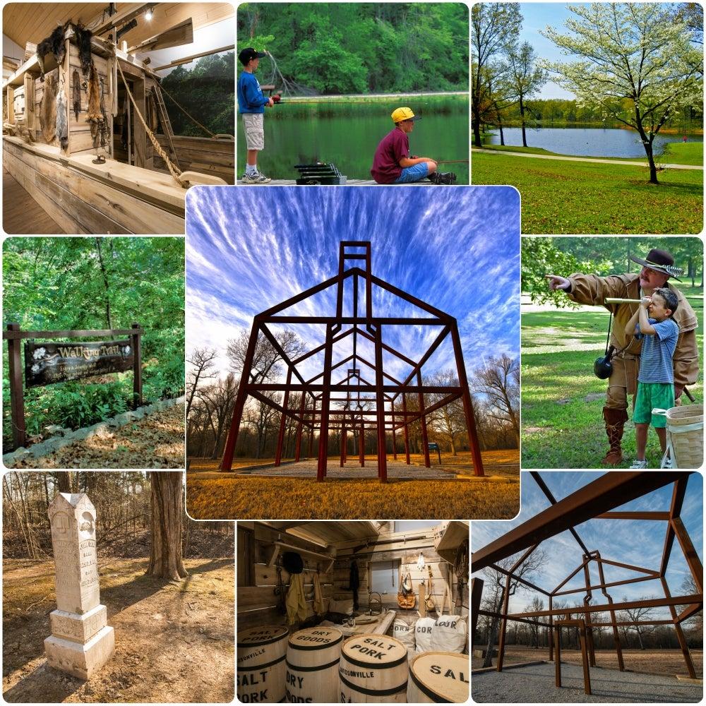 Collage of historical park scenes, structures, and activities in nature.