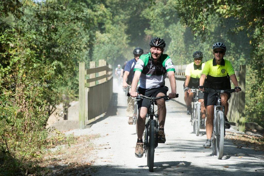 Cyclists riding on a sunny, tree-lined path.