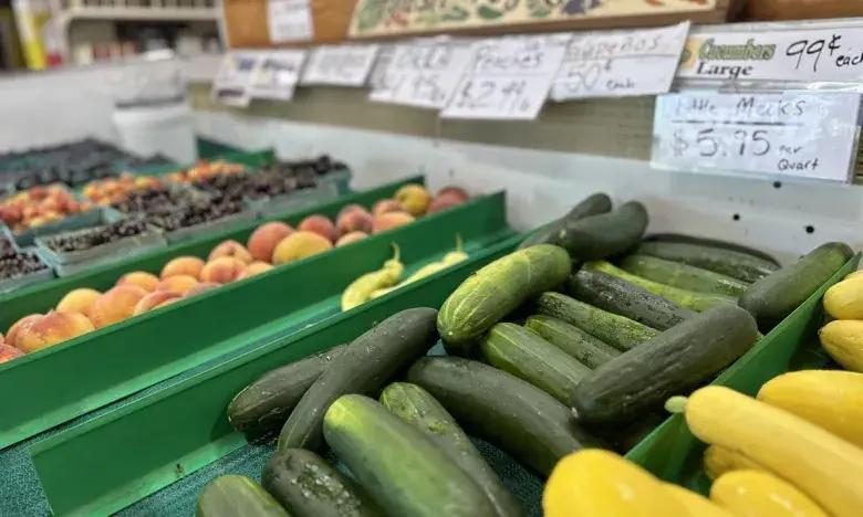 Fresh produce in a market display with cucumbers, peaches, and squash.