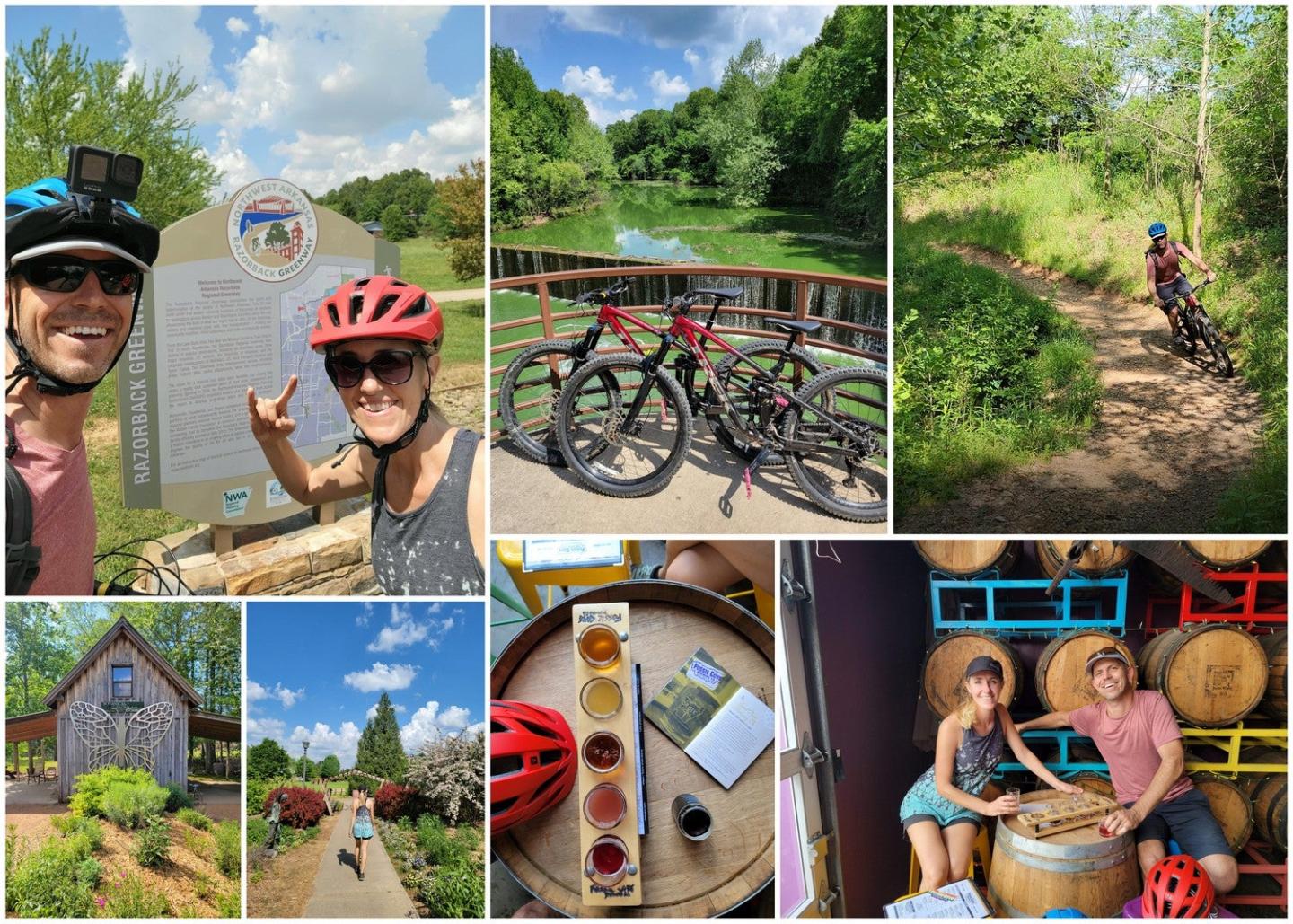 Cyclists enjoying trails and a vineyard, biking gear and winery setting in sunny weather.