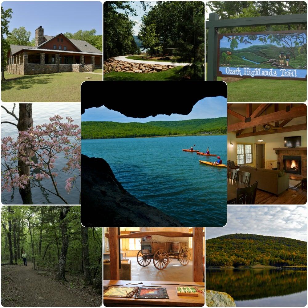 Collage of cabins, nature trails, lake with canoes, bicycles, and blooming trees in a forest setting.