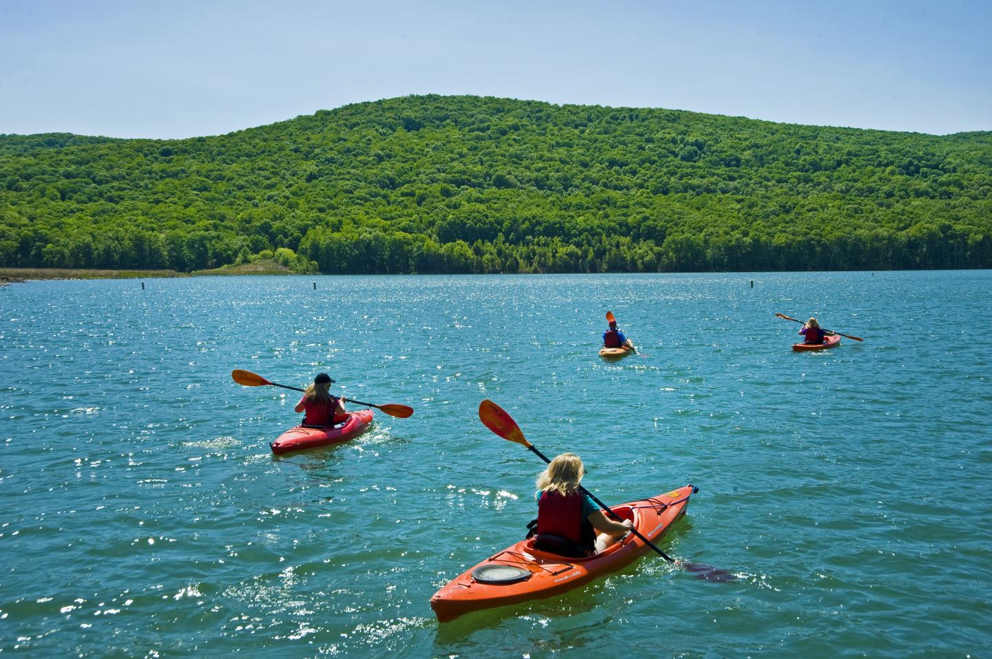 Kayakers in a lake with green hills under a clear blue sky.