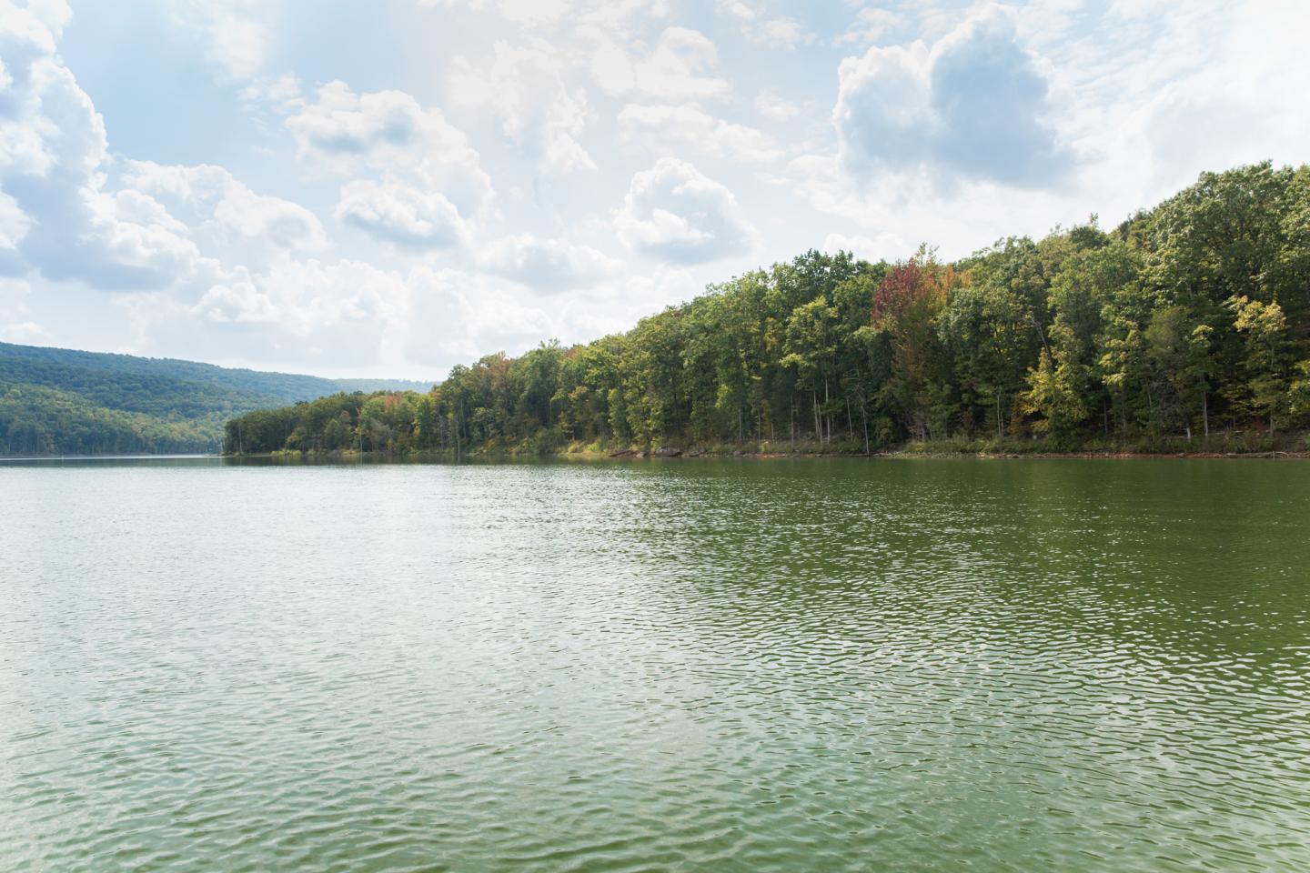 Calm lake with forested shoreline under a partly cloudy sky.